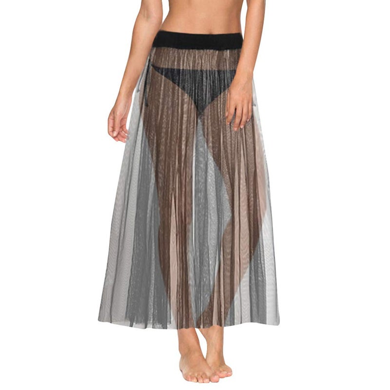 CLARA Women High Waist Mesh Maxi Skirt See-Through Beach Long Tulle Skirt Bodysuit Cover-Up Black - Image 1